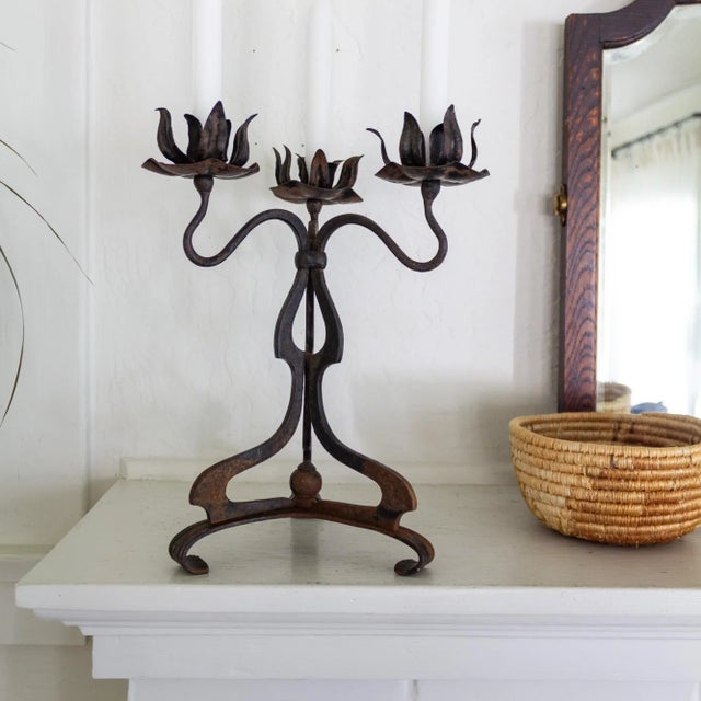 Metal Rustic Wrought Iron Art Nouveau Lotus Candelabra For Sale - Image 7 of 11