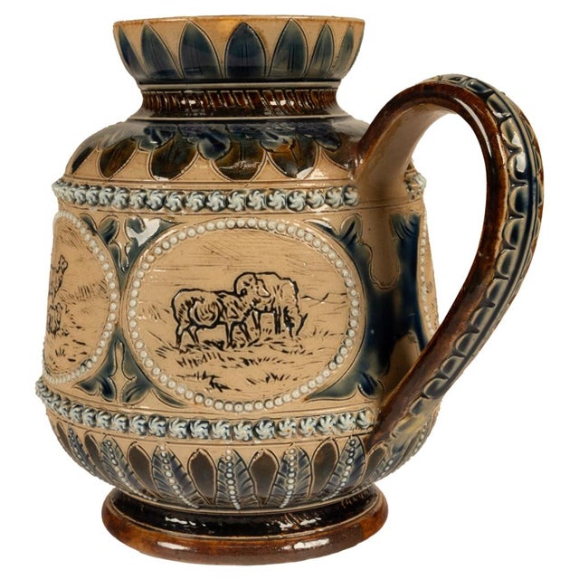 Antique Aesthetic Movement Doulton Lambeth Hannah Barlow Stoneware Jug Sheep, 1873 For Sale - Image 13 of 17