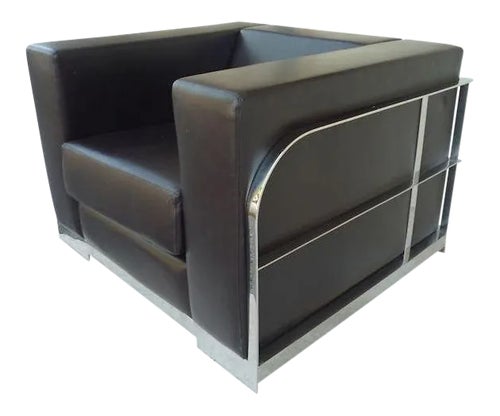 1990s Vintage Architectural Chrome Leather Cube Chair
