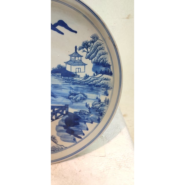 Early 20th Century Chinese Ceramic Plate Blue and White Porcelain Plate Hand Painted Landscape Pattern For Sale - Image 5 of 10