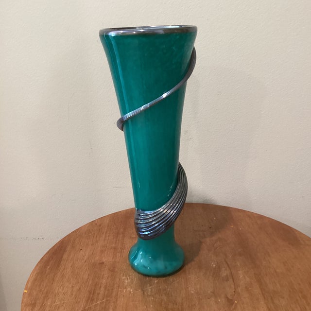 Vintage Deep Teal Murano Studio Art Glass Trumpet Vase With Spiraling Accent Signed by Artist For Sale - Image 12 of 12