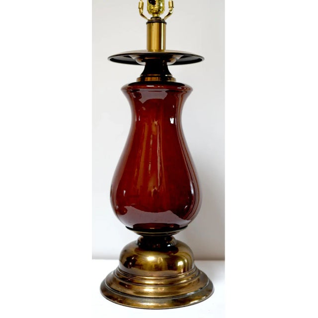 Pair of 21st Century Brass and Ceramic Burgundy Baluster Lamps For Sale In Los Angeles - Image 6 of 10