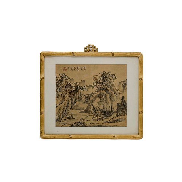 Framed Pair of Chinese Traditional ShanShui Landscape Paintings on Silk in Bamboo Gold-Toned Frames. ShanShui- translated...