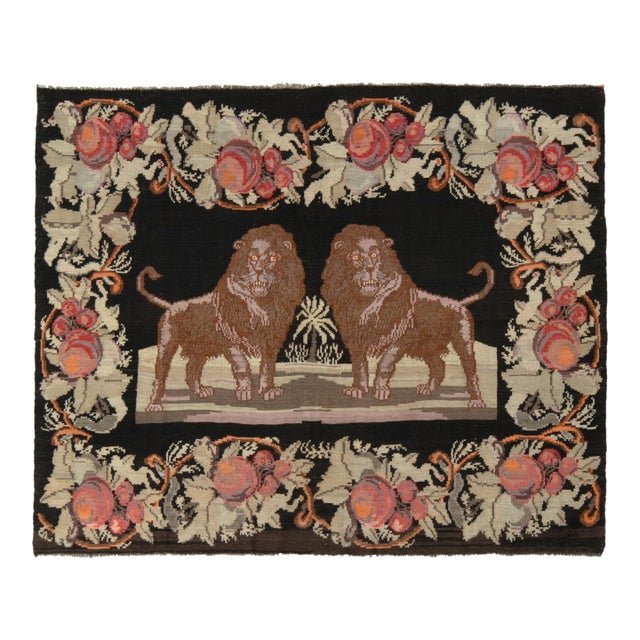 Vintage Bessarabian Kilim, Black With Lion Pictorials and Florals - Rug & Kilim For Sale