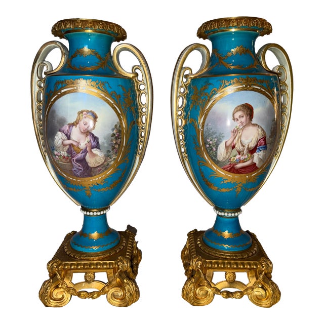 Pair of Antique French Sevres Style Porcelain Vases With Hand-Painted Portrait Panels and Gilt Bronze Bases, Circa 1900 For Sale