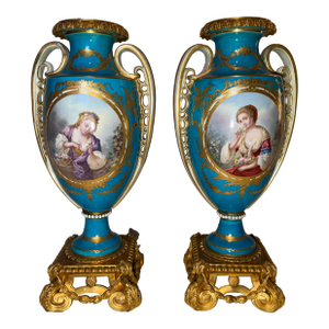 Pair of Antique French Sevres Style Porcelain Vases With Hand-Painted Portrait Panels and Gilt Bronze Bases, Circa 1900