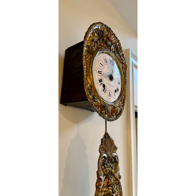 Late 19th Century French Morbier Repousse Brass and Porcelain Wall Clock For Sale - Image 5 of 8