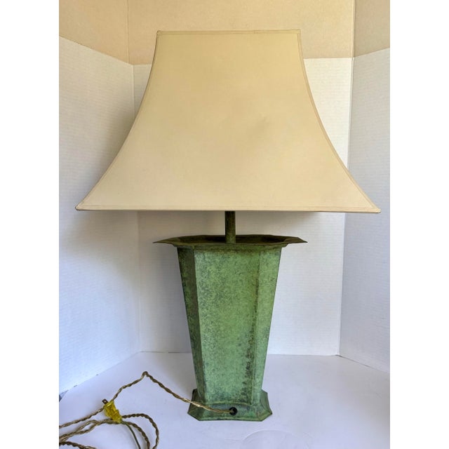 Vintage Verdigris Metal Table Lamp With Faceted Base & Tapered Shade For Sale - Image 9 of 12