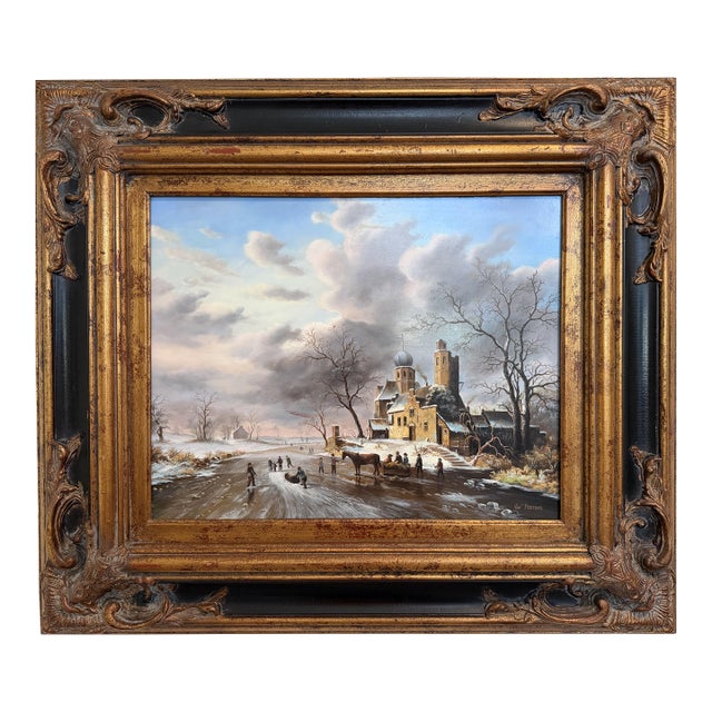 Late 20th Century Dutch Winter Landscape With Figures and Church Oil on Board Signed Van Peeters For Sale