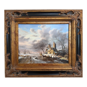 Late 20th Century Dutch Winter Landscape With Figures and Church Oil on Board Signed Van Peeters