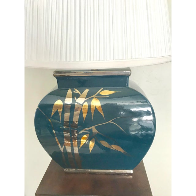 Stunning Vintage Asian themed lamp -Gold and silver Bamboo decoration - Turquoise blue porcelain base - Base size:...