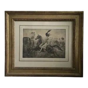 French Belle Epoque Drawing of Napoleonic Soliders on Horse Back in Carved Wood Frame by Constantine Guys