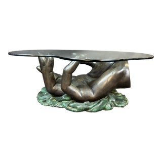 Mid Century Leonardo Rossi Bronze Hand Sculpture Glass Top Coffee Table For Sale