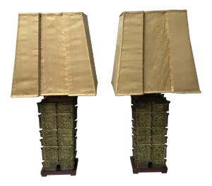 Monumental Pair of Bronze Fanglei Lamps With Original Silk Shades – Archaic Chinese-Inspired, Circa Late 19th / Early 20th Century
