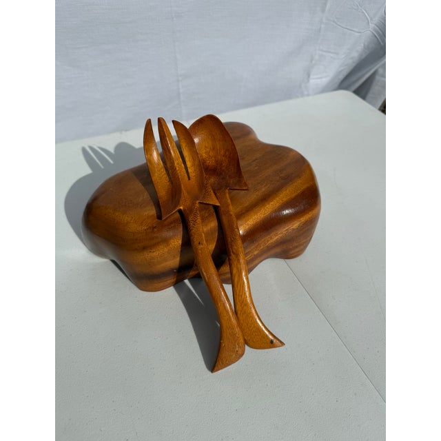 Wood Vintage Teak Oak Leaf Salad Bowl With Tongs For Sale - Image 7 of 11