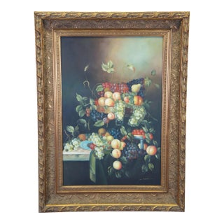 Mid 20th Century Large Vintage H. Eudie Still Life Grapes Fruit Oil Painting on Canvas, Framed For Sale