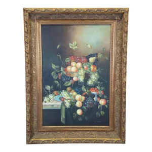 Mid 20th Century Large Vintage H. Eudie Still Life Grapes Fruit Oil Painting on Canvas, Framed