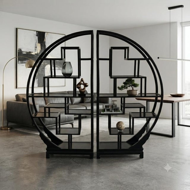 Black Lacquer Moon Gate Round Shelves Wood Display Curio Cabinet Room Divider For Sale - Image 4 of 12