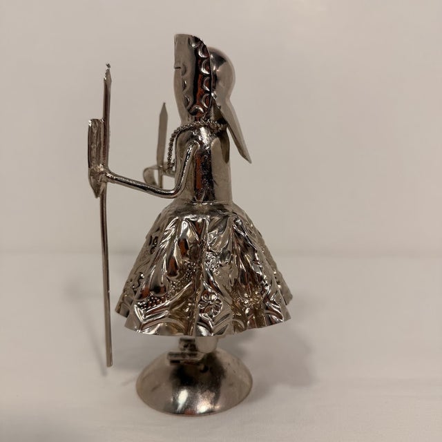 Vintage Silver Tone Metal Female Warrior Queen Figurine With Spear and Shield For Sale - Image 4 of 12