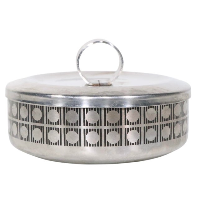 Stelton Mid 20th Century Mod Stainless Steel Powder Jar With Stenciled For Sale - Image 4 of 7