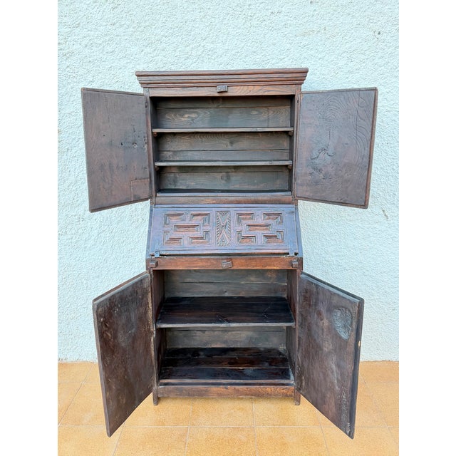 Antique Spanish Carved Wooden Bureau Cabinet With Drop-Front Desk, 19th Century For Sale - Image 9 of 10