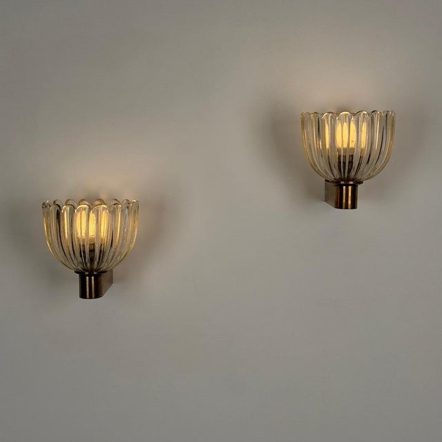 Metal Murano Crystal Sconces with Suspended Gold Leaf Particles by E. Barovier for Erco, 1940s, Set of 2 For Sale - Image 7 of 18