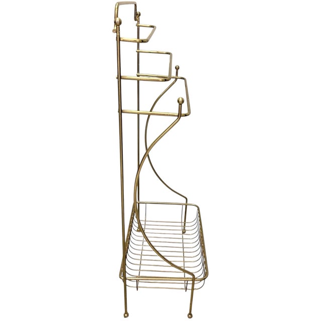 Vintage Hollywood Regency MCM Heavy Brass Freestanding Floor Towel Rack Shelf For Sale - Image 9 of 9