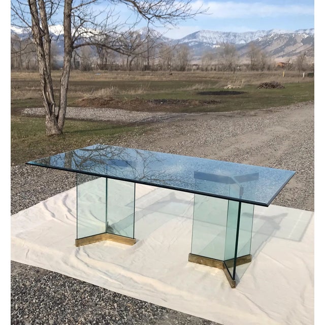 1970s 1970s Pace Collection Glass Dining Table With Double Pedestal Glass and Brass Base For Sale - Image 5 of 11