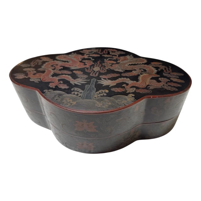 Large Antique Chinese Black Lacquer Storage Box With Dragons For Sale