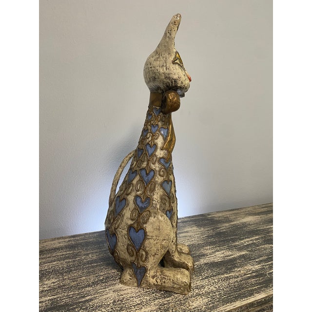 Mid-Century Modern Vintage Jeanne Valentine–Attributed Cream, Gold and Blue Papier-Mâché Cat Sculpture For Sale - Image 3 of 6