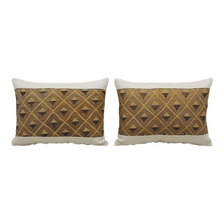 Vintage Tan and Brown African Kuba Decorative Bolster Pillows - A Pair For Sale
