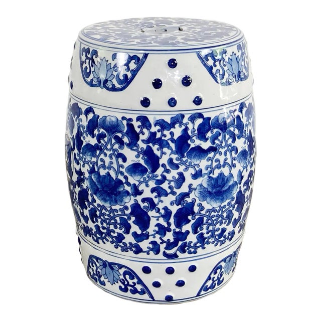 Vintage Chinoiserie Style Ceramic Lotus Design Garden Stool For Sale