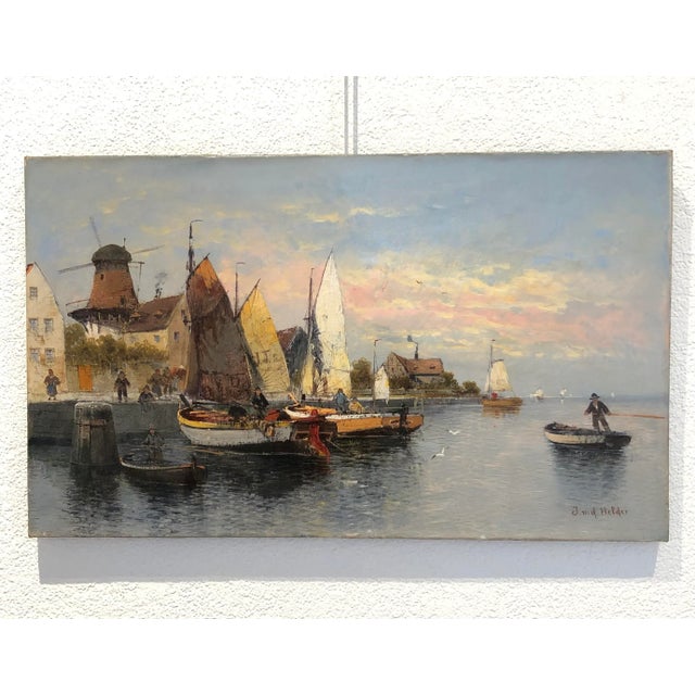 Jan Van De Helder, Petit Port Animé, Oil on Canvas, 20th Century, in Good conditions. Designed before 1890 This piece has...