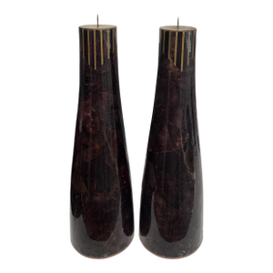 Pair of Vintage R & Y Augousti (Attr.) Brown Pen Shell and Bronze Inlay Pricket Candle Holders