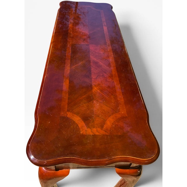 Queen Anne Style Carved Shell Inlaid Banded Mahogany Console Sofa Table with Pad Feet This elegant Queen Anne revival...