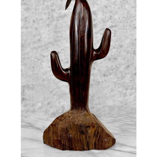 Wood Vintage Southwestern Carved Wood Bird & Cactus Sculpture For Sale - Image 7 of 10