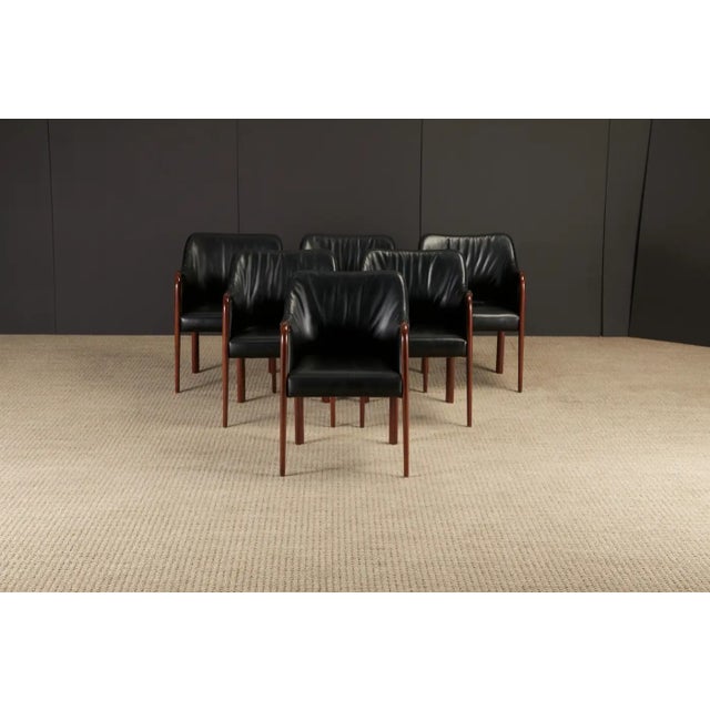 Cassina Set of Six Black Leather Dining Armchairs W Cassina Label, C 1980s, Refinished For Sale - Image 4 of 16