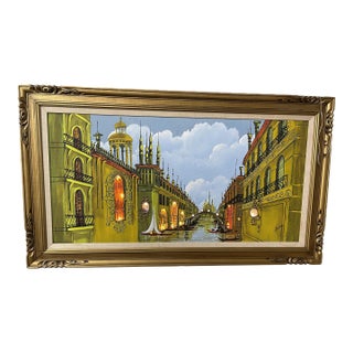 Light-Up Mid-Century Venetian Canal Impasto Oil Painting For Sale