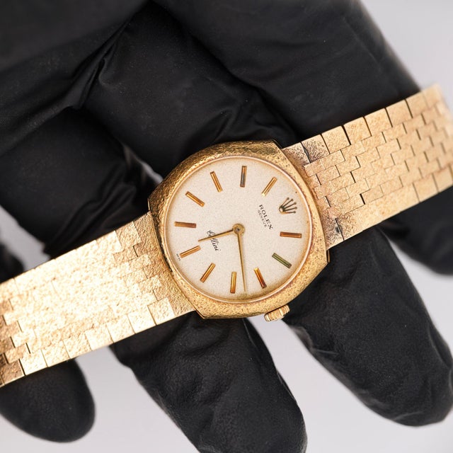 Metal Vintage Rolex Cellini Manual Gold Frosted Integral Bracelet Watch For Sale - Image 7 of 11