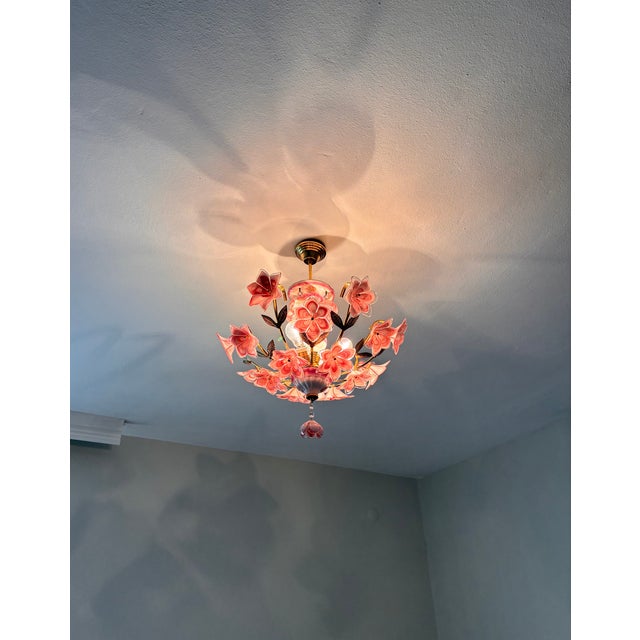 1980s Italian Pink Murano Style Glass Floral Chandelier – Hand-Painted Porcelain & Brass Ceiling Light For Sale - Image 6 of 18