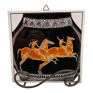 Mid 20th Century Hand Painted Grecian Ceramic Tile with Stand Depicting a Scene from the Hippodrome