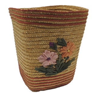 Vintage Folklore Woven Raffia Wastebasket For Sale