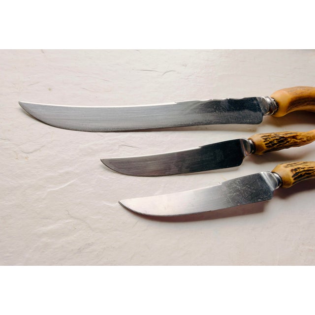 Mid-Century Modern Vintage Midcentury Sheffield England Stag Handle 2 Steak Knives , 1 Carving Knife For Sale - Image 3 of 4