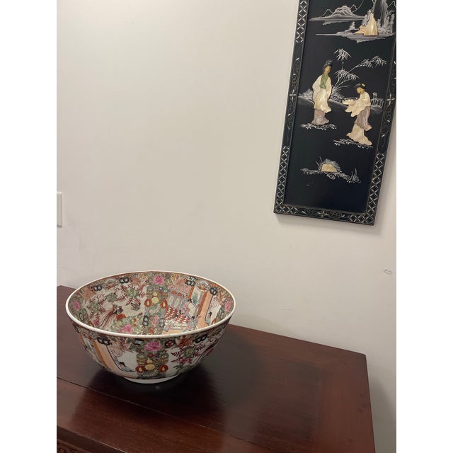 Presenting a magnificent, monumental Chinese export porcelain punch bowl from the late Qing Dynasty (late 19th century)....