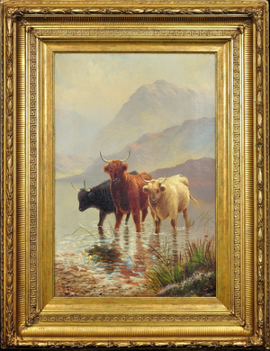 Henry Robinson Hall, Highland Cattle in a Scottish Loch, 1890, Oil Painting, Framed