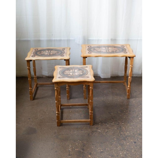 Mid-Century Modern Attributed to Henning Kjærnulf Danish Oak & Tile Nesting Tables for Edmund Pedersen, 1970s For Sale - Image 3 of 12