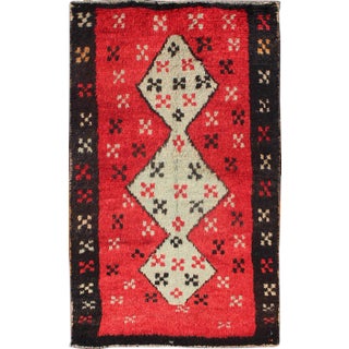 Vintage Turkish Tulu Rug With Bold Crimson Field and Cream Diamond Medallions For Sale