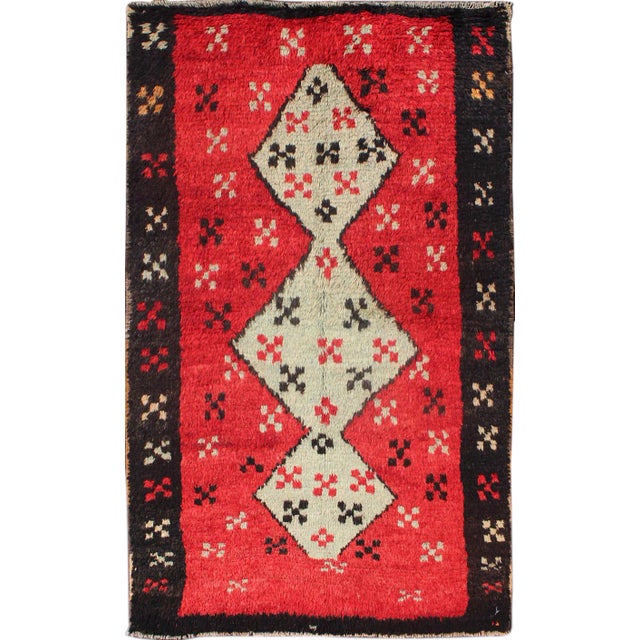 Vintage Turkish Tulu Rug With Bold Crimson Field and Cream Diamond Medallions For Sale