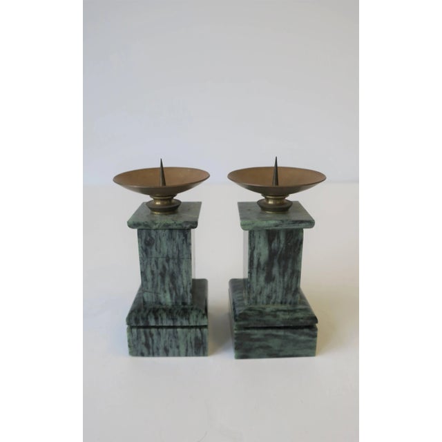 Dark Green Neoclassical Dark Green Marble and Brass Column Candlestick Holders, Pair For Sale - Image 8 of 11