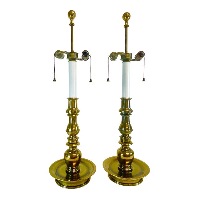 1970s Hollywood Regency Boho Chic Stiffel Brass Candle Stick Style Table Lamps - A Pair, Dual Sockets For Sale
